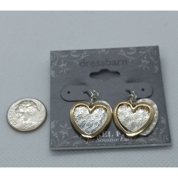 Dressbarn Gold Silver Tone Textured Heart Dangle Drop Layered Wire Earrings - Picture 4 of 5